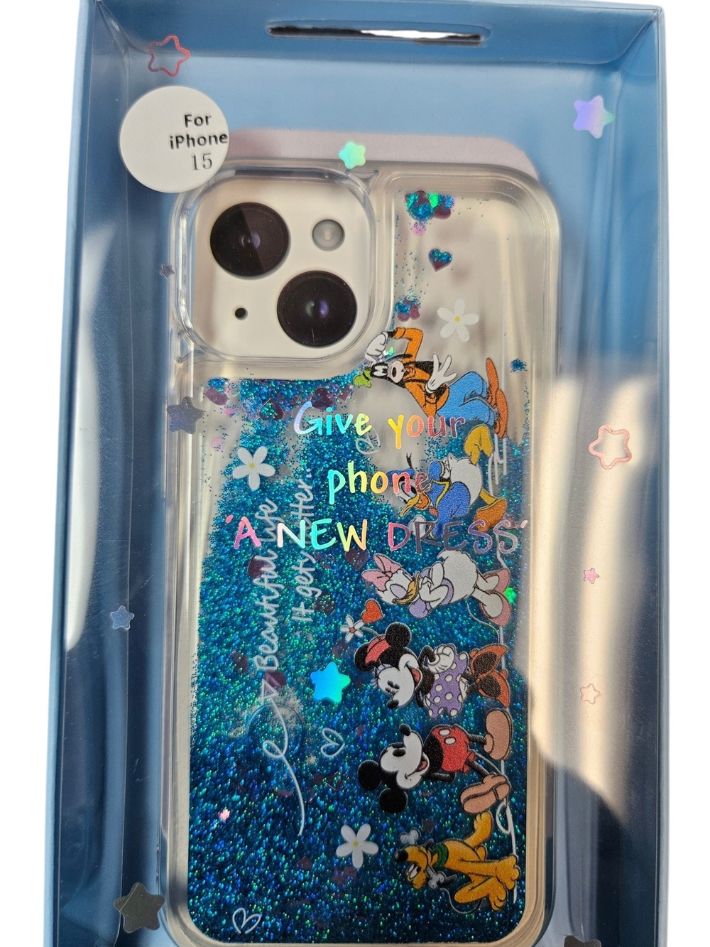 Disney-themed Blue Glitter iPhone 15 Case - Clear Protective Cover